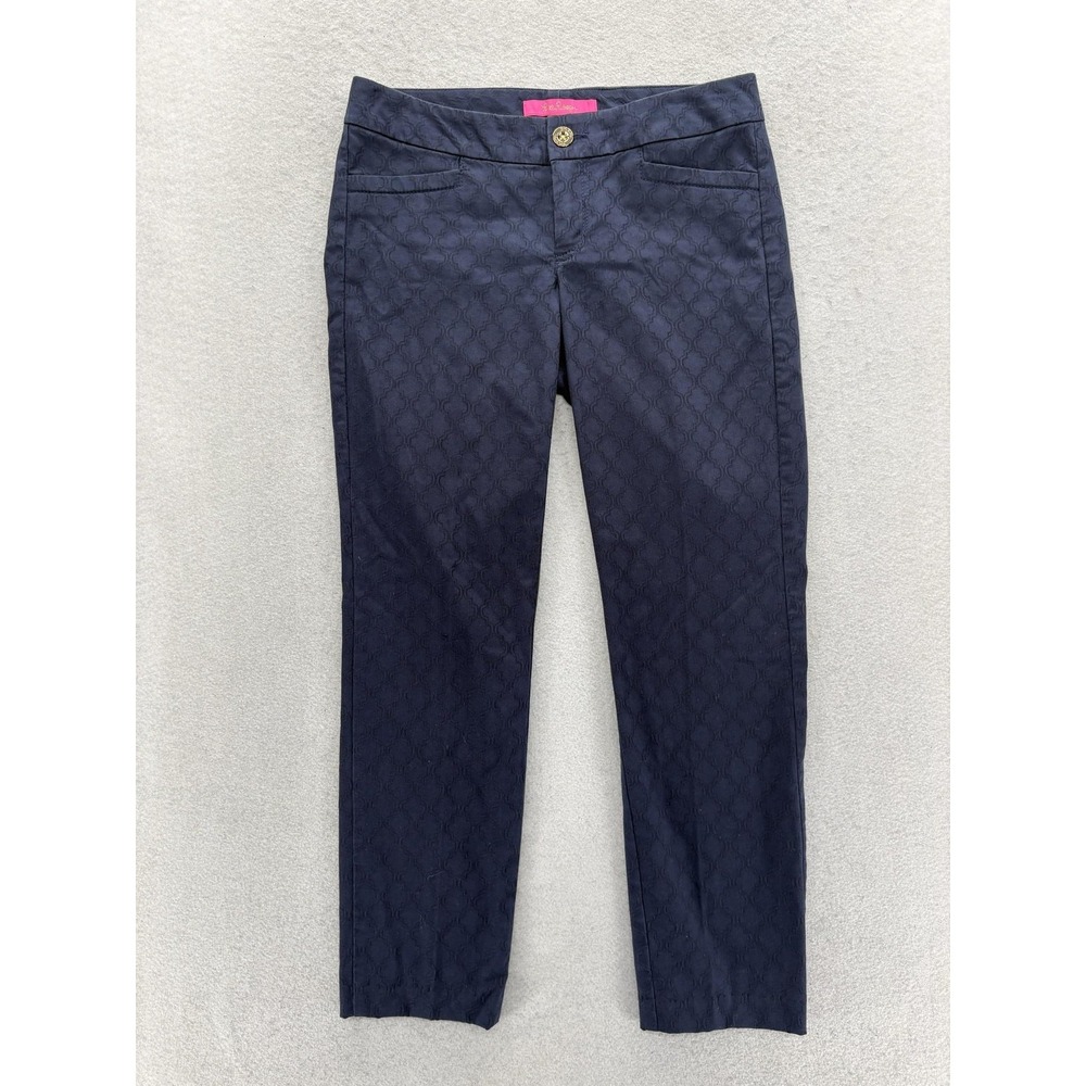 Lilly Pulitzer Chino Pants Womens 00 Blue Jacquard Slim Ankle Stretch Twill